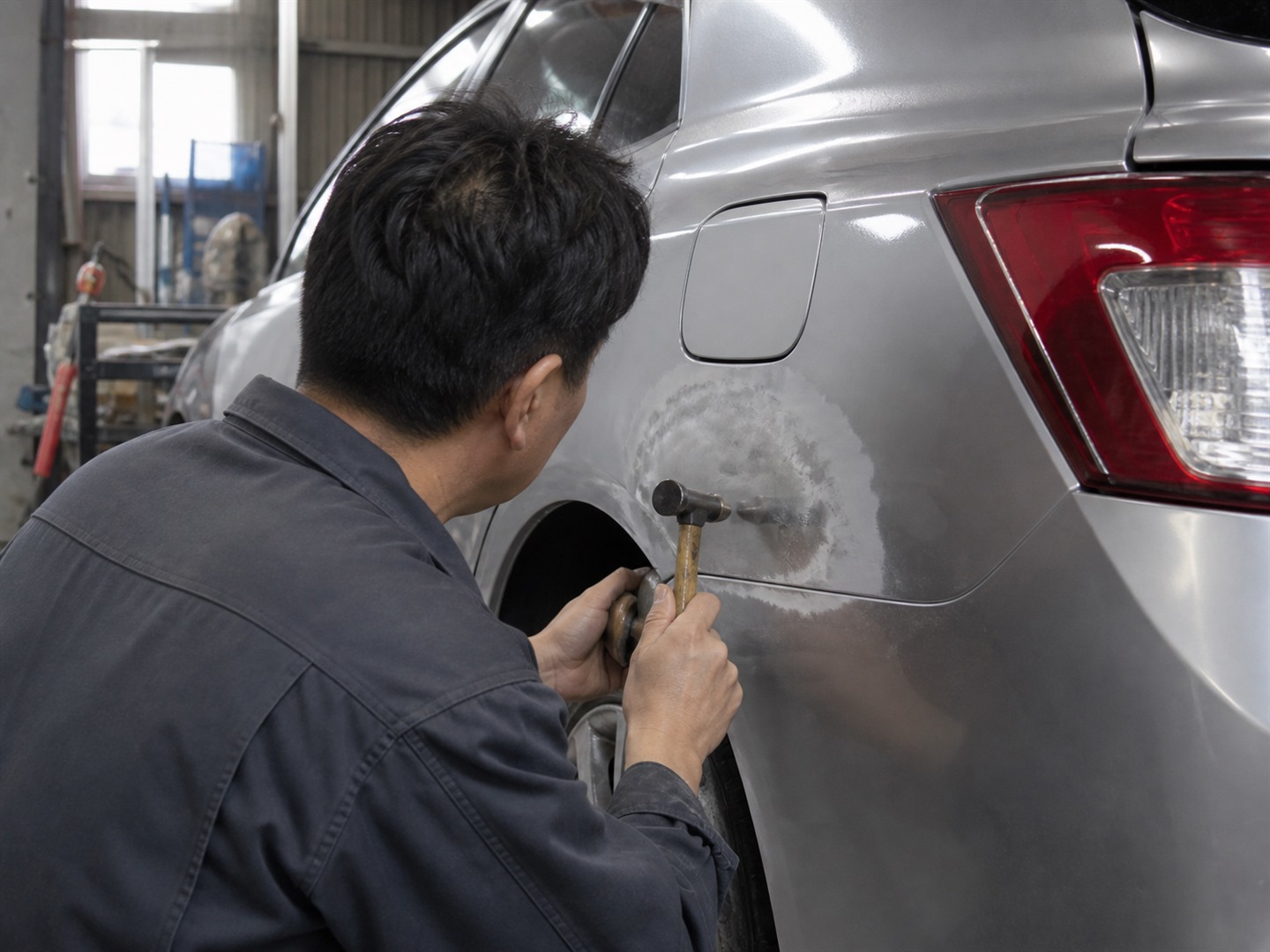 車体パネルに向き合い鈑金作業をする整備士